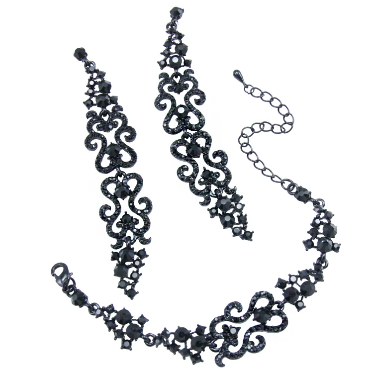 

Black Rhinestone Set Jewelry Long Drop Earrings Charm Bracelets for Women Crystal Jewelry Accessories Women Party Dress brtj98