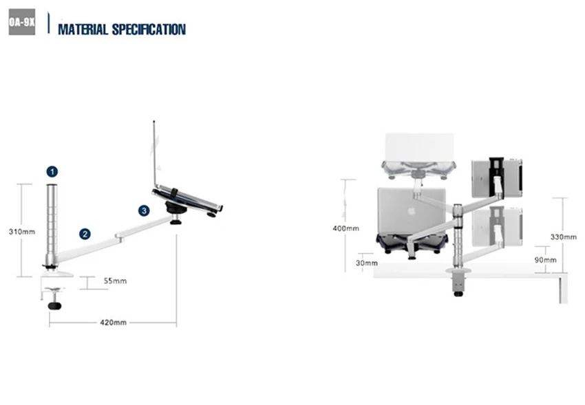 OA-9X подставка для ноутбука алюминиевая регулируемая по высоте подставка для ноутбука Универсальный вращающийся держатель для ноутбука и 7-10 дюймов планшетный ПК 55 мм