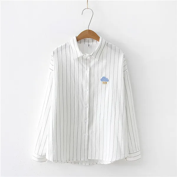 Harajuku Погодная женская блузка с вышивкой, Женская полосатая блузка с длинным рукавом, весенние женские белые топы с отложным воротником - Цвет: DL6638white
