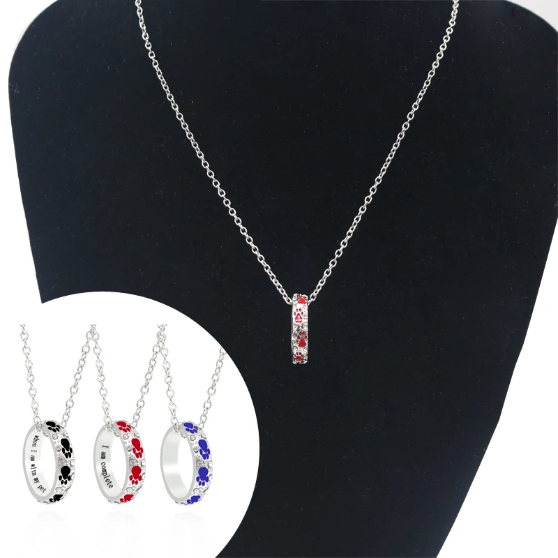 Red Black Blue Dog Claws Paw Footprints Necklace Rhinestone Round Circle Pendant When I am with my pet 2017 Fashion Jewelry|circle pendant|footprint