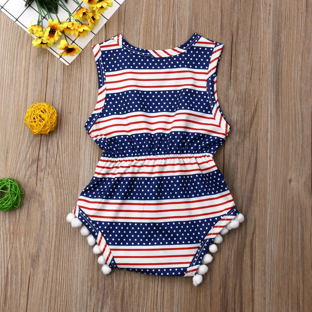 يوم الاستقلال 4th من يوليو الوليد الرضع رومبير الملابس الأمريكية العلم نمط شرابة أكمام Playsuit Sunsuit