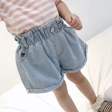 Летние футболки для девочек ясельного возраста для новорожденных детей кружевной эластичный пояс джинсовые шорты для девочек повседневные свободные джинсы детские штаны 1-5 лет