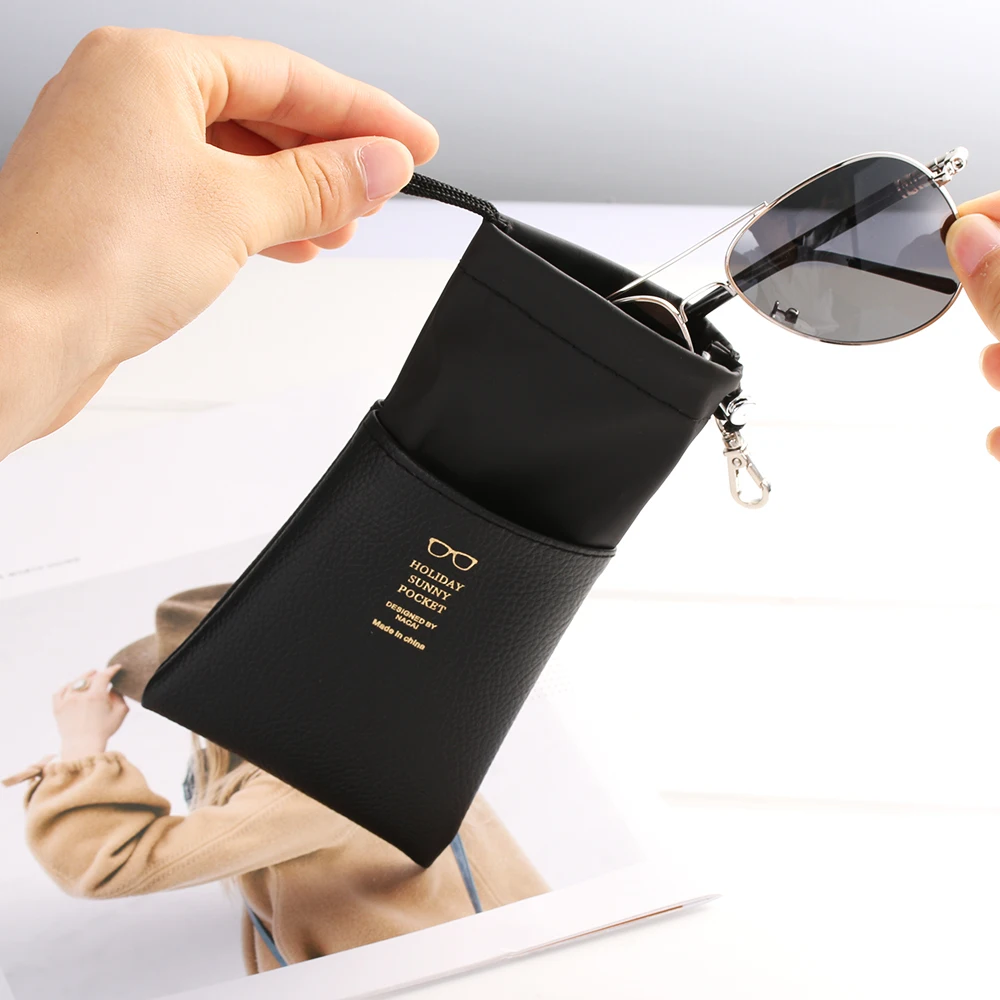 

PU Leather Double Layer Drawstring Sunglasses Case Men Scratch-proof Eyeglasses Container Protector Bag Portable Glasses Pouch