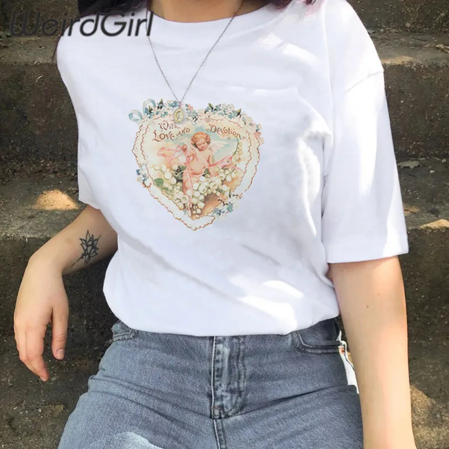 

Weirdgirl women t-shirts fashion casual angel print tshirt o-neck short sleeve femme full length tops girl summer loose new 2019