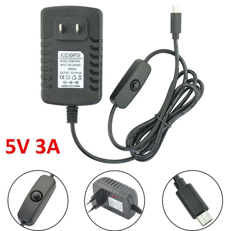 

High Quality 5V 3A EU US Plug Micro USB Power Supply Adapter with ON/OFF Switch for Raspberry Pi