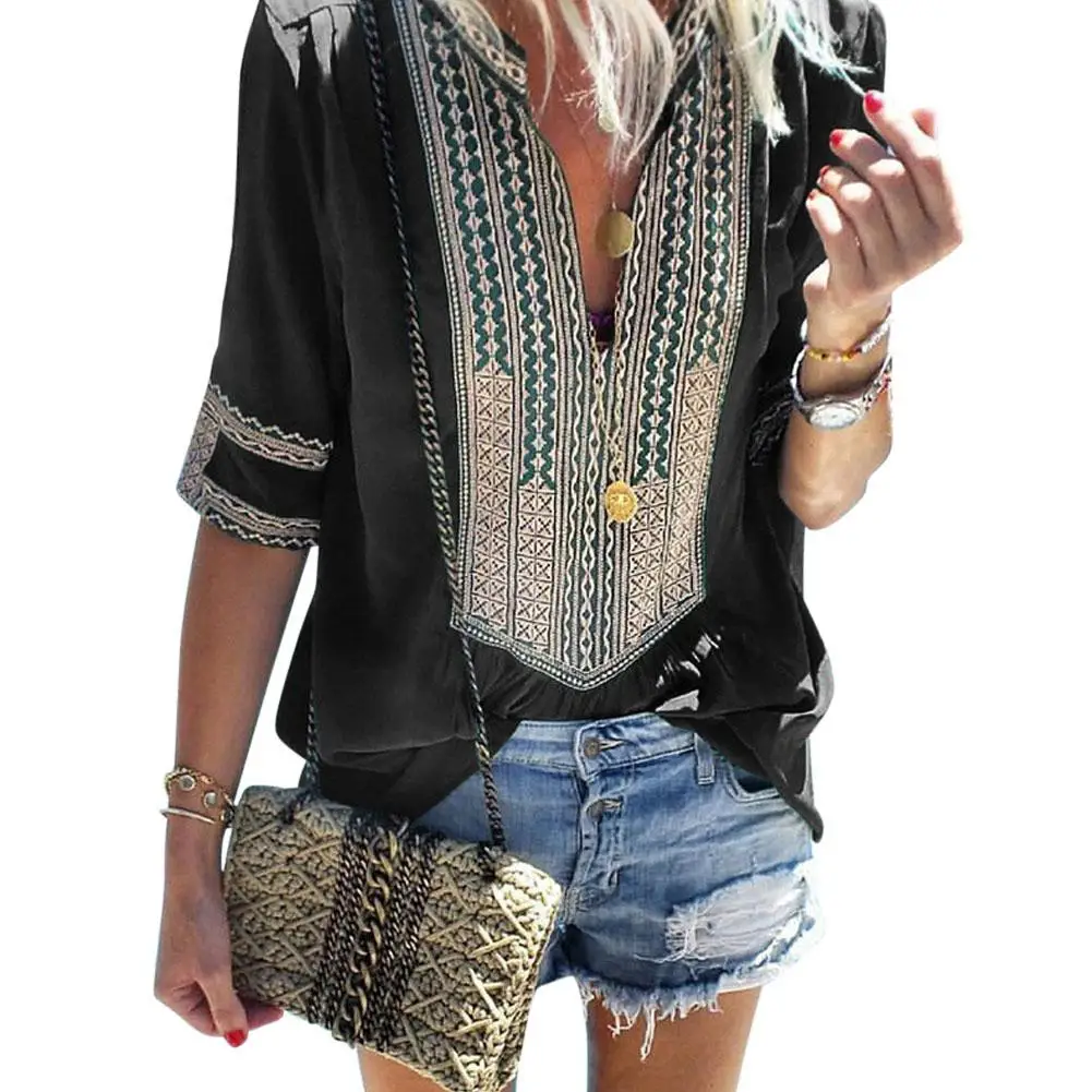 

2019 New Yfashion Women Summer Large Size Ethnic Style Stripes Printing V Collar Casual T Shirt