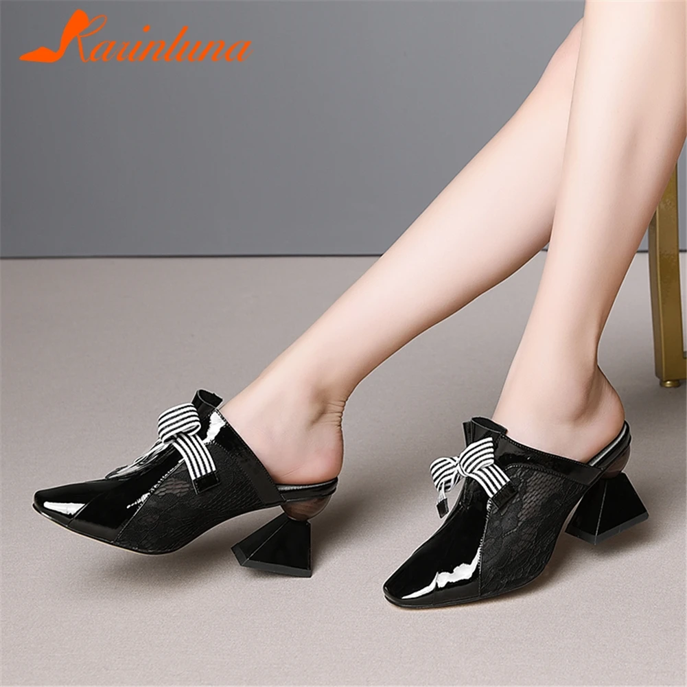 

KARINLUNA 2019 Fashion Natural Leather Shoes Mules Women Summer Lace Mesh High Heels Slippers Women Shoes Woman Big Size 33-43