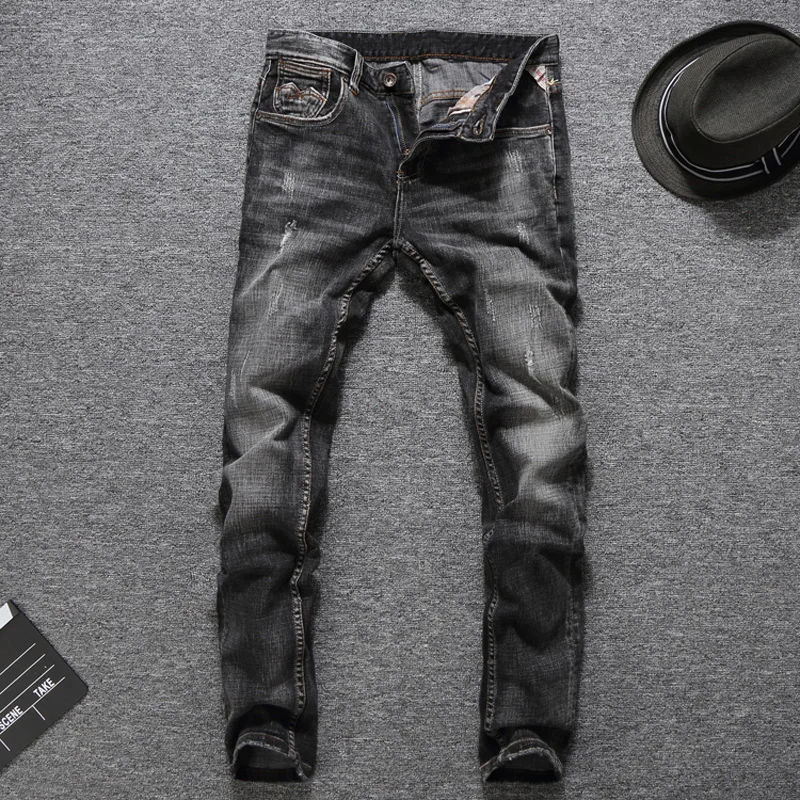 Black Gray Color Fashion Men Jeans Classic Style Slim Fit Ripped Jeans Homme Balplein Brand Jeans Men Stretch Biker Jeans Men