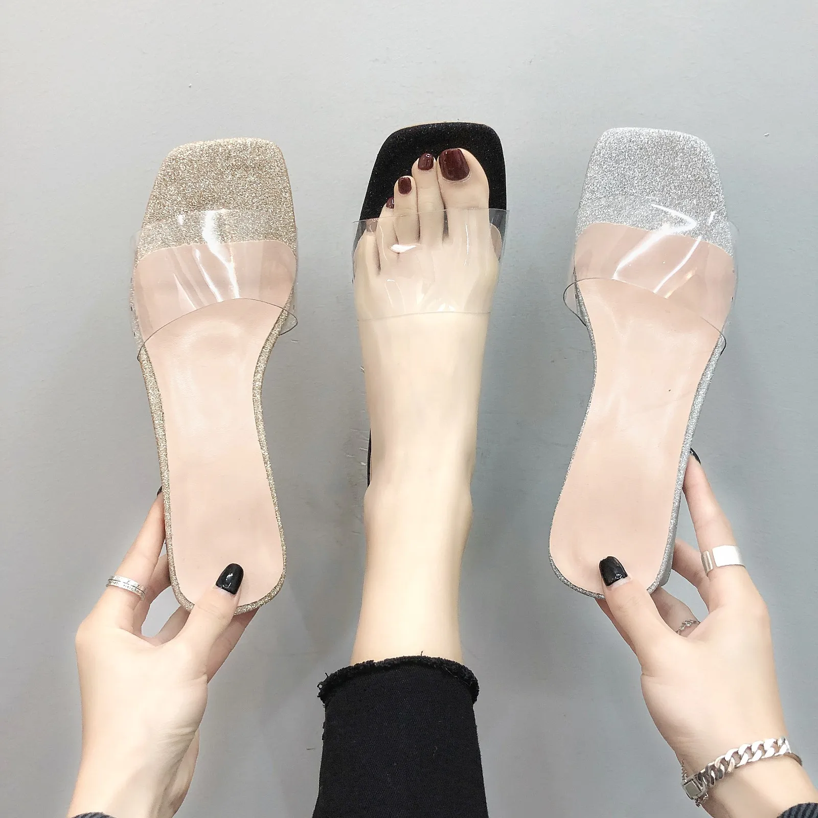 

2019 PVC Jelly Sandals Open Toed Mid Heels Women Transparent Heel Sandals Discount sandalias de verano para mujer