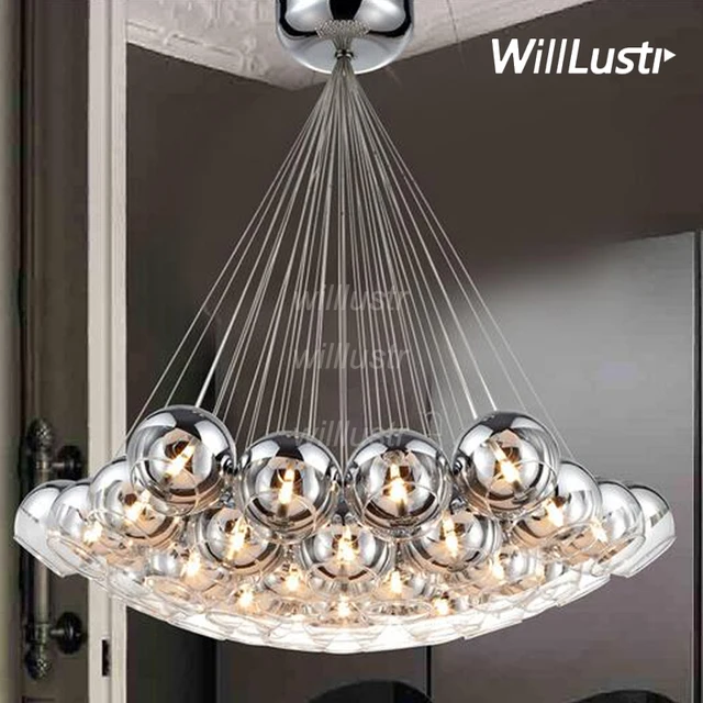 Glass Globe Cluster Pendant Light modern led crystal glass ball pendant light loft staircase hotel hall semi sliver glass globe multi head cluster hanging lamp