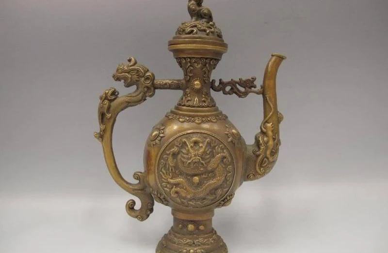 

China Royal Copper Bronze Foo Dog Lion Brave troops Dragon Flagon Kettle Teapot