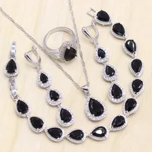 Черный кубического циркония 925 пробы серебро Для женщин комплект ювелирных изделий Кольцо Размеры 6/7/8/9/10 кулон, браслет, серьги, подарочная упаковка