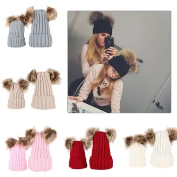 

Mother and Dauther Warm Animal Winter Woman Hat Parent-child Baby Cap Double 2 Ball Beanie