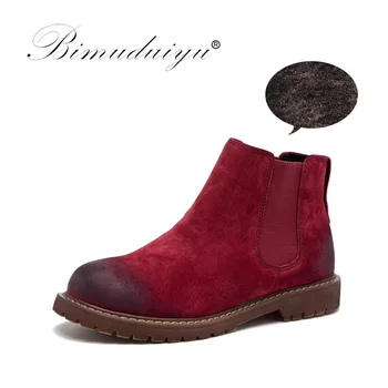 

BIMUDUIYU Brand High Quality Women Boots Fashion Suede Leather Plush Fur Warm Winter Ankle Boots Slip on Shoes Woman Plus Size