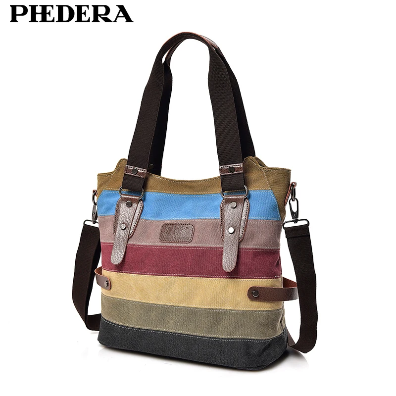 New Fashion Rainbow Women Shoulder Bags High Quality Canvas Casual Female Handbags Striped Ladies Bag Women Purse 2019 Hot