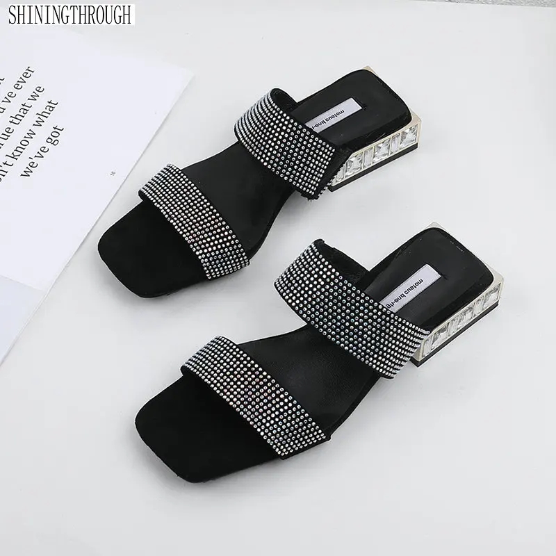 

Women Summer shoes woman crystal Square Heels slippers Genuine Leather Shoes Woman Sandals Open Toe Ladies shoes