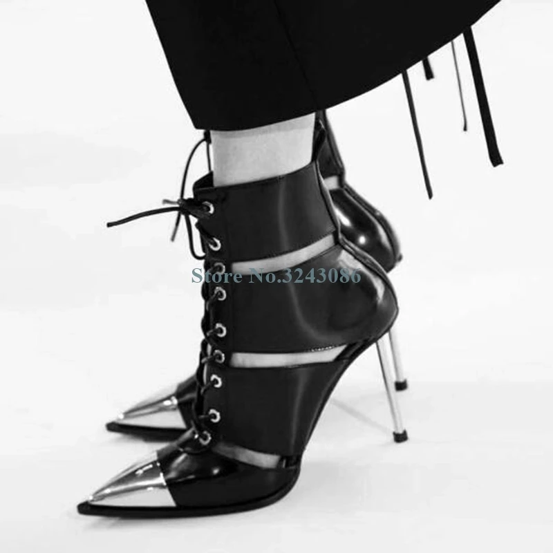 

Black Leather Pointed Toe Hollow Out Lace Up Sandals Boots Rivet Metal Thin High Heel Sandals Cross Tied Sexy Motorcycle Boots