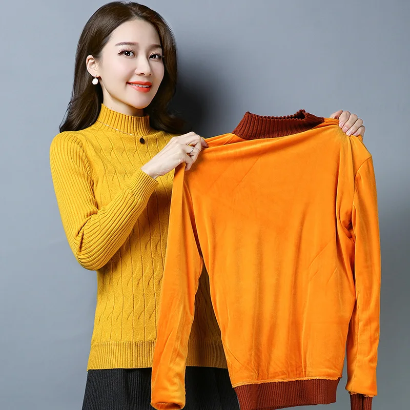 ^Cheap Plus Velvet Thicken Brand Sweater Fall Winter Women New Solid Color Pleated Wave Pattern Knit Sweater Slim Bottoming Pullovers