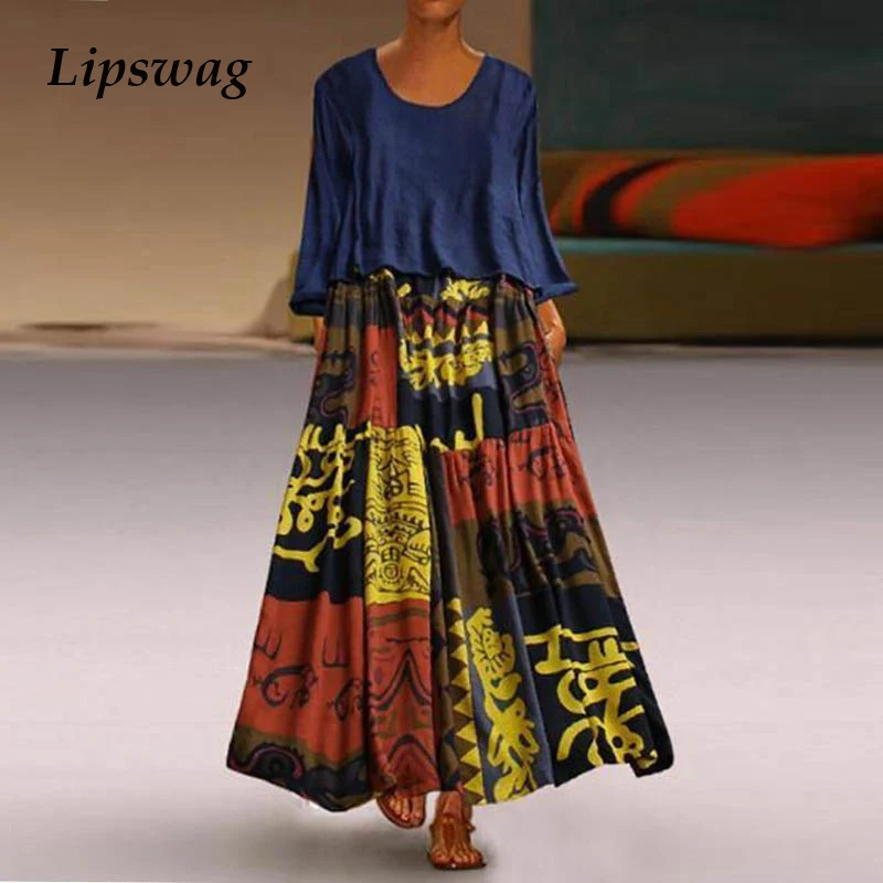 

Lipswag 5XL Two Pieces Long Sleeve Print Boho Dresses Women 2019 Summer Elegant O-Neck Party Dress Vintage Lady Plus Size Dress