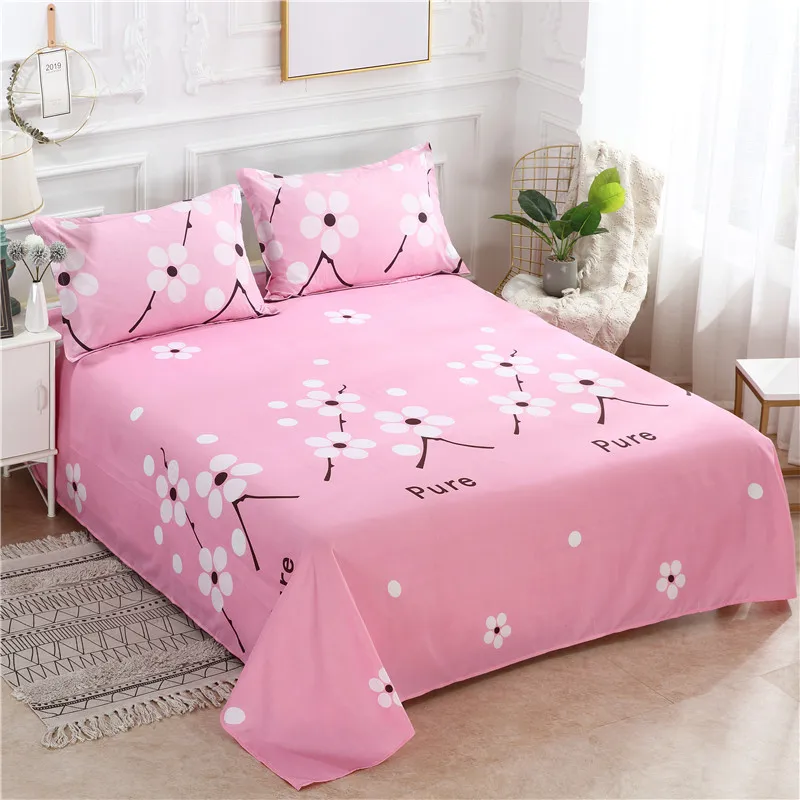 Cartoon Print Bed Linens Flat Bed Sheet Plain Feather Printed For Single/ Double Bed Twin Queen King Size Bedsheets FS01 1 PC