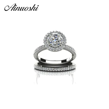 

AINUOSHI 1 Carat Halo Round Cut SONA Ring Sets 925 Sterling Silver Engagement Rings Women Wedding Lovers Promise Band Ring Sets