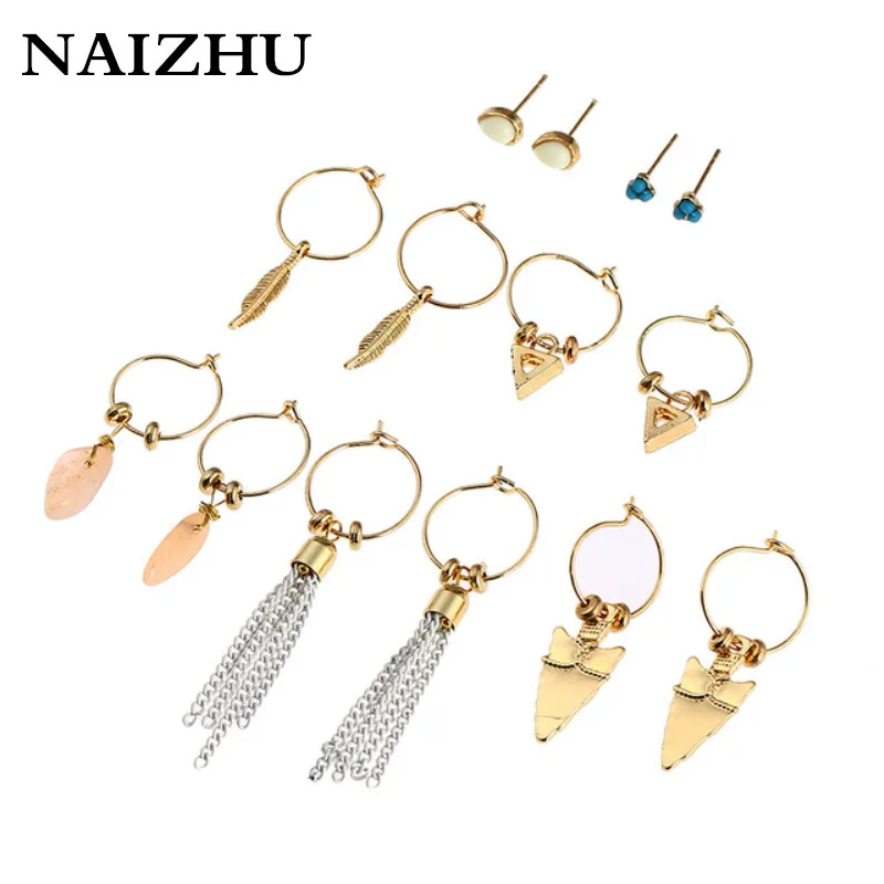 

NAIZHU 7pairs/set vintage bohemian fashion women stud earrings set mixed stone Metal tassel earring sets For Women jewelry