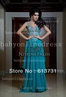 Sexy Spaghetti Straps Blue Chiffon Crystal Beaded Top Arabic Dubai Abaya Kaftan Long Evening Dresses 2014 New Arrival BO2435
