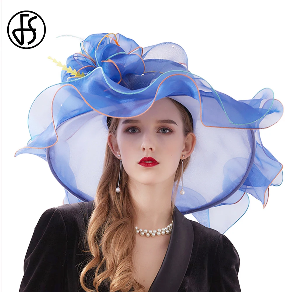 

FS 2023 Summer Fascinators Wedding Derby Hats For Women Elegant Organza Large Wide Brim Sun Hats Ladies Church Hat With Flower