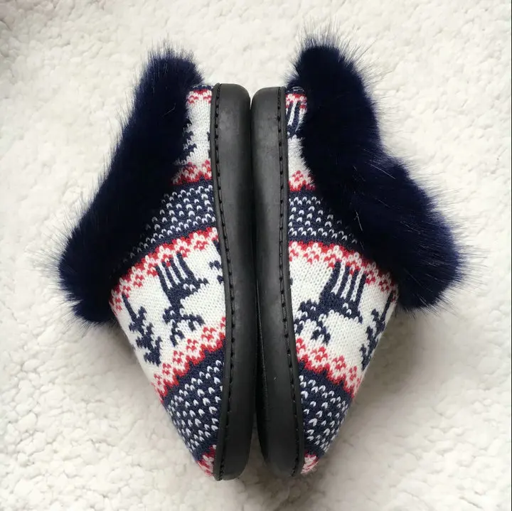 Women's Soft Yarn Cable Knitted Faux Fur Collar Slip On Slippers Memory Foam Anti-Skid Sole House Slipper Shoes (11)