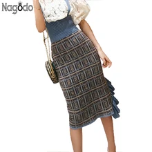 NAGODO клетчатая юбка-карандаш, новинка, Весенняя вязаная юбка для женщин, с оборками, Женская милая асимметричная юбка миди