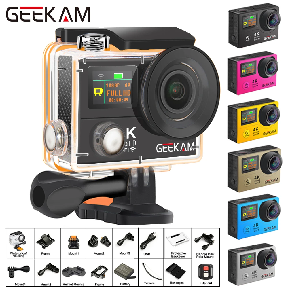 GEEKAM H3R/H3 Экшн-камера Ultra HD 4 K/30fps 20MP WiFi 2," 170D двойной экран Водонепроницаемая камера для записи видео на шлем Спортивная камера