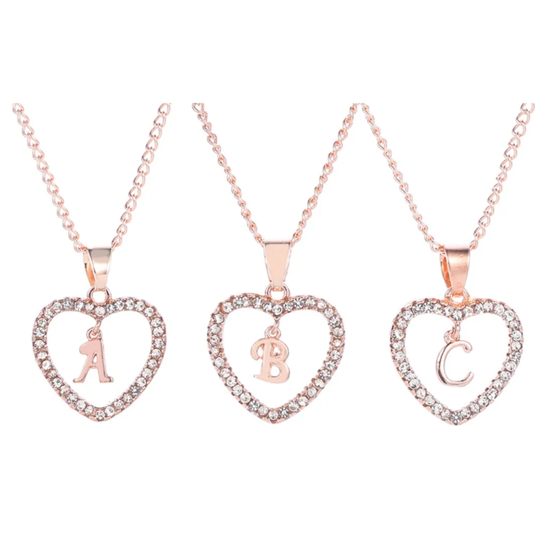 Shellhard Rose Gold Initial Alphabet Letter A-Z Chain Romantic Love Heart Crystal Pendant Necklace Charms Women Birthday Jewelry