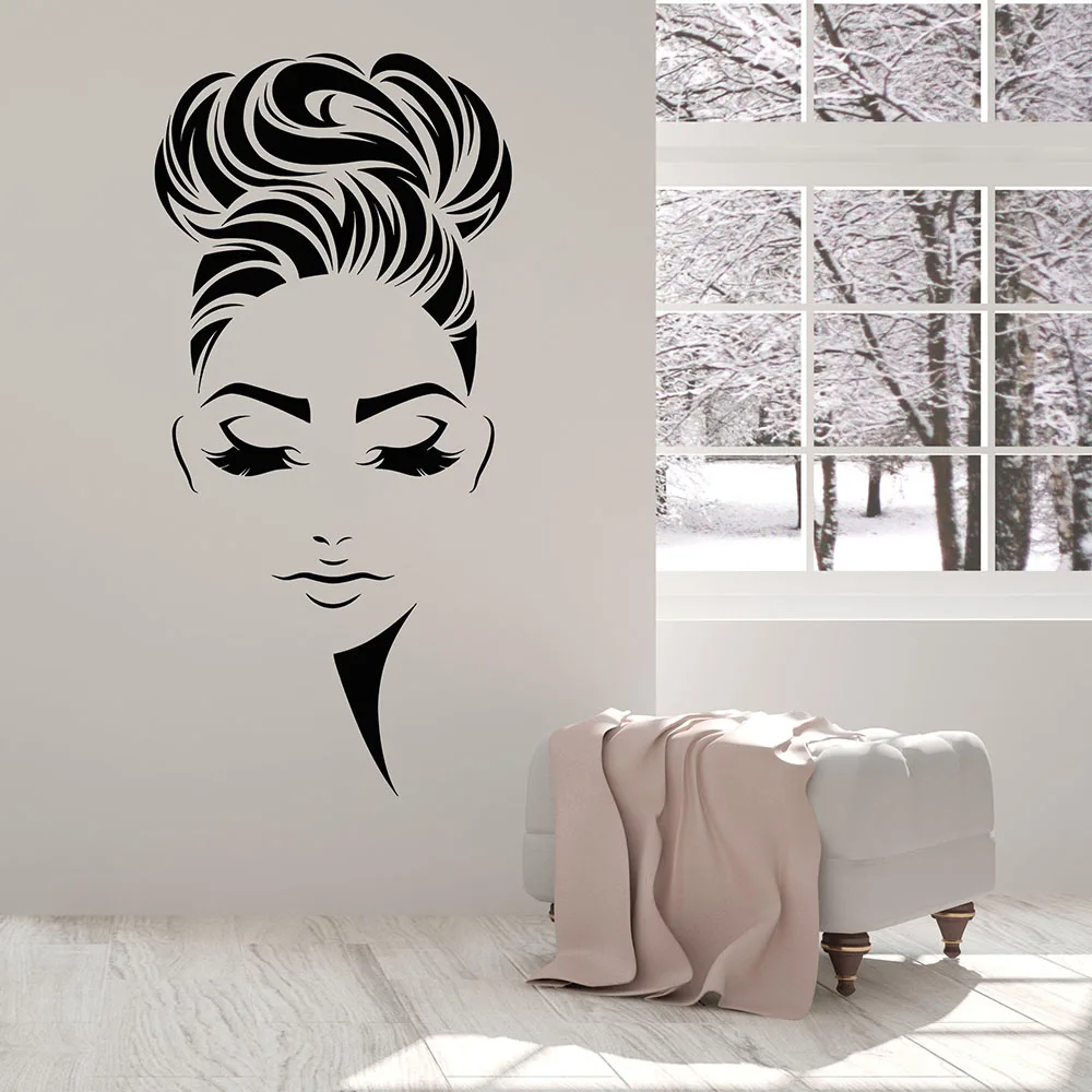 Красота Парикмахерская прическа девушка лицо макияж виниловая наклейка на стену домашний декор художественная роспись съемные наклейки на стену