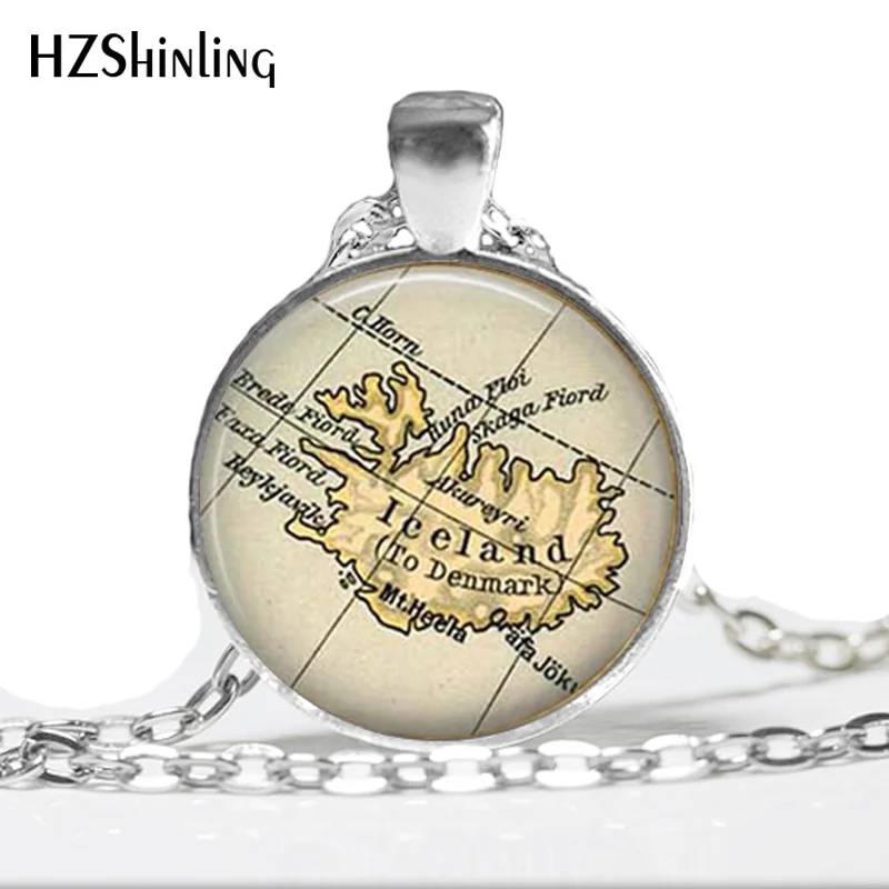 Glass Dome Iceland country map necklace, Iceland map pendant , iceland