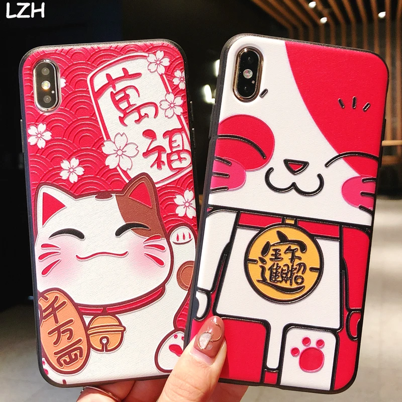 

3D Relief Chinese New Year Lucky Cat Coque Case for Apple iPhone X XS XR Soft TPU Cover Shell for iPhone 6 6S 7 8 Plus XS Max