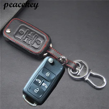 

Peacekey Genuine Leather Remote Control Car Keychain Key Cover Case Fit for Volkswagen VW 4 Button Good Quality Protect Shell