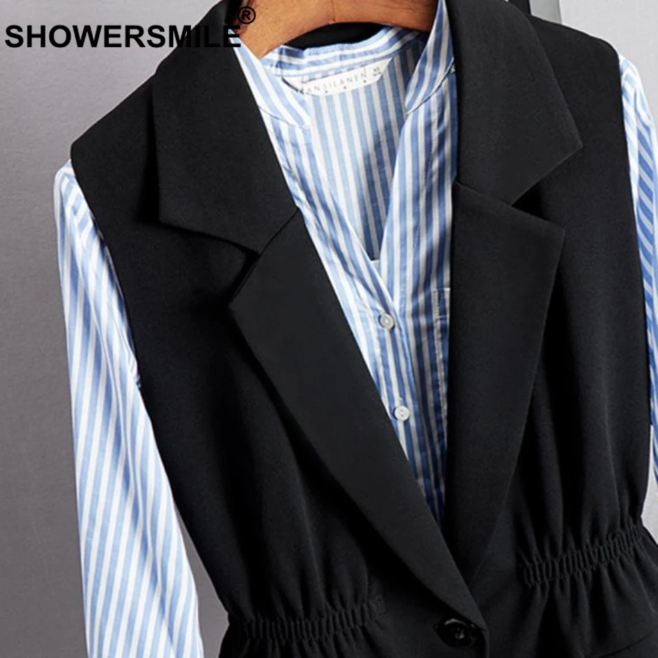 SHOWERSMILE OL Vest Ladies Black Elegant Waistcoat Women Elastic Waist Slim Office One Button Spring Autumn Designer Clothing