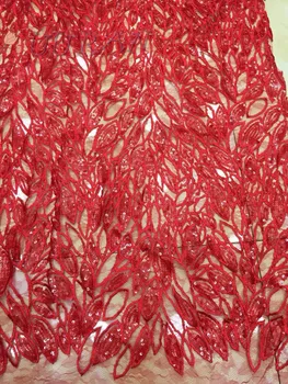 

RED Nigerian Lace Fabrics 2017 Polyester Women Mesh Net Sequined Embroidered African French Lace Fabric High Quality