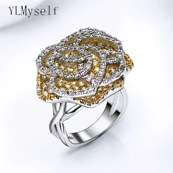 

Beautiful peony flower ring 2 tone color crystal stones fashion jewelry Romantic gift copper jewellery trendy pretty rings