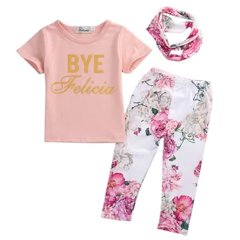 

2016 Girls Summer Clothes Set Newborn Baby Girls Floral Outfit T shirt + Pants Leggings Clothes Hairband 3Pcs