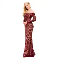 Burgundy Off The Shoulder Hollow Out Floor Length Party Dress Geometric Sequin Full Sleeved Maxi Dress Floor Length Lining Dress
