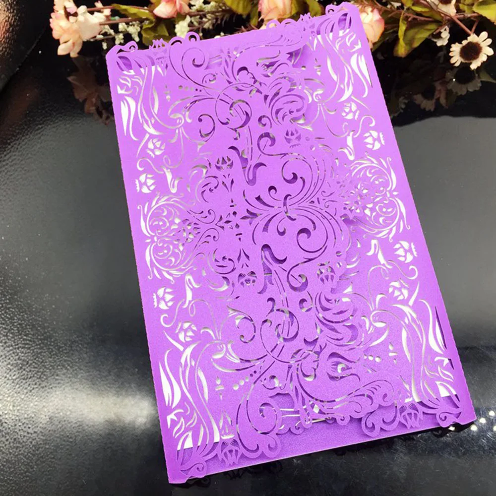 Purple 10 шт./компл. свадебные пригласительные карточки перламутровая Бумага нежный резной цветочный узор пригласительных билетов для свадьбы Обручение ко дню рождения - Цвет: Purple