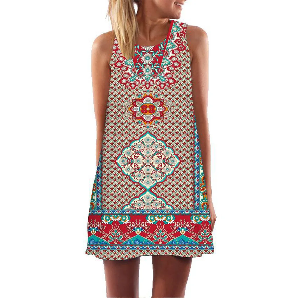 

Women Dress Summer Womens Plus Size Clothing Vintage Boho Sleeveless Beach Various Patterns Printed Short Mini Dress 2019