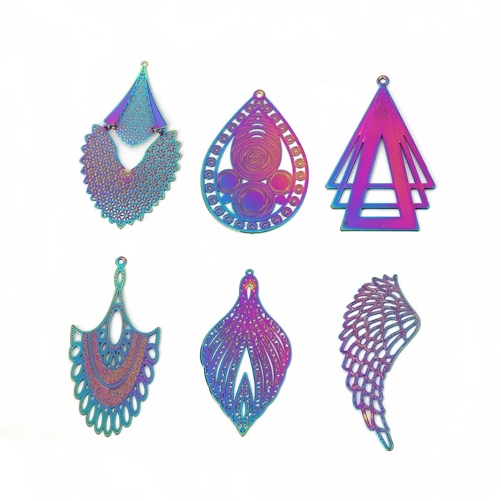 

DoreenBeads Copper Enamel Painting Pendants Feather Rhombus Triangle Multicolor Flower Charms Romantic DIY Findings, 2 Pairs