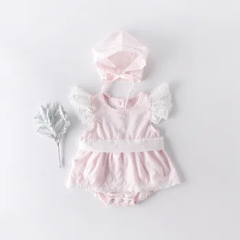 

Summer New Style Baby Girls Clothes Pink Lace Mesh O-neck Short Sleeve Sweet Cute Big Bow-knot Simple Casual Jumpsuit with hat
