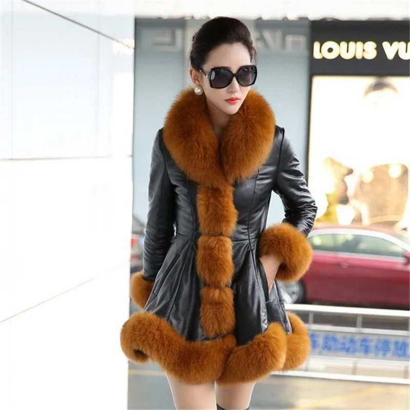S-6XL, Женское зимнее пальто из искусственного меха, длинное тонкое пальто, теплое пальто из искусственной кожи, в стиле пэчворк, с воротником из искусственного лисьего меха, верхняя одежда, женская элегантная куртка