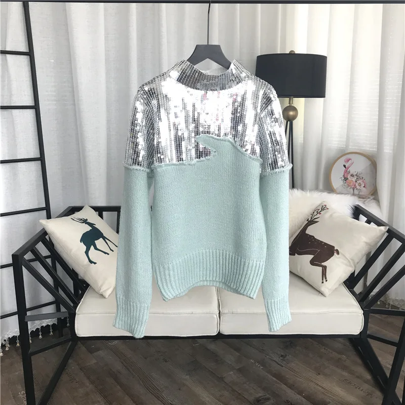 

GRUIICEEN sequin new sweater top patchwork fashion korean slim pullovers women mohair sweater GY201865