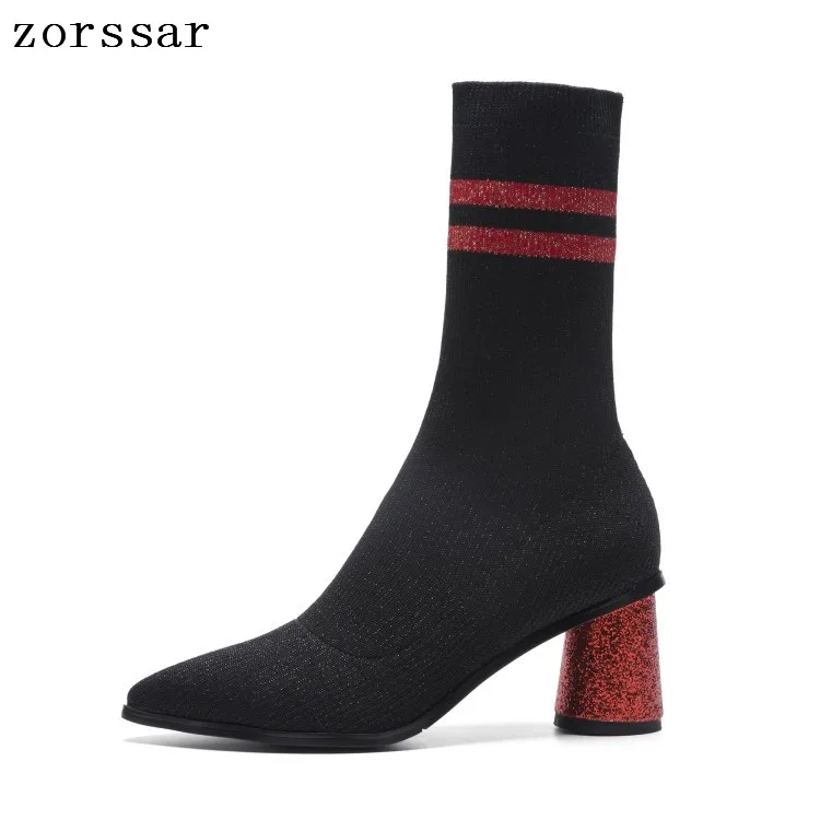 

{Zorssar} Women's Boots Pointed Toe Yarn Elastic Mid-Calf Boots Thick Heel High Heels Shoes Woman Female Socks Boots 2019 Spring