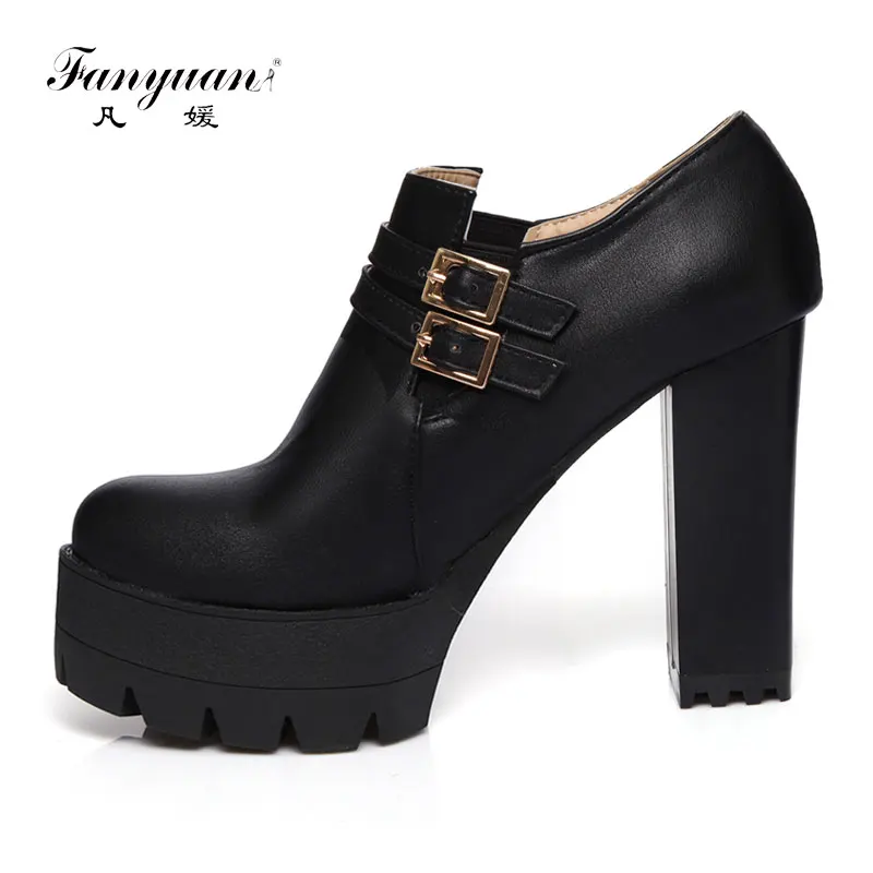 

Women Platform Super High Heel PU Leather Pump Spring Autumn Female Square Heel Slip-on Shoes Office Lady's Buckle Strap Pumps