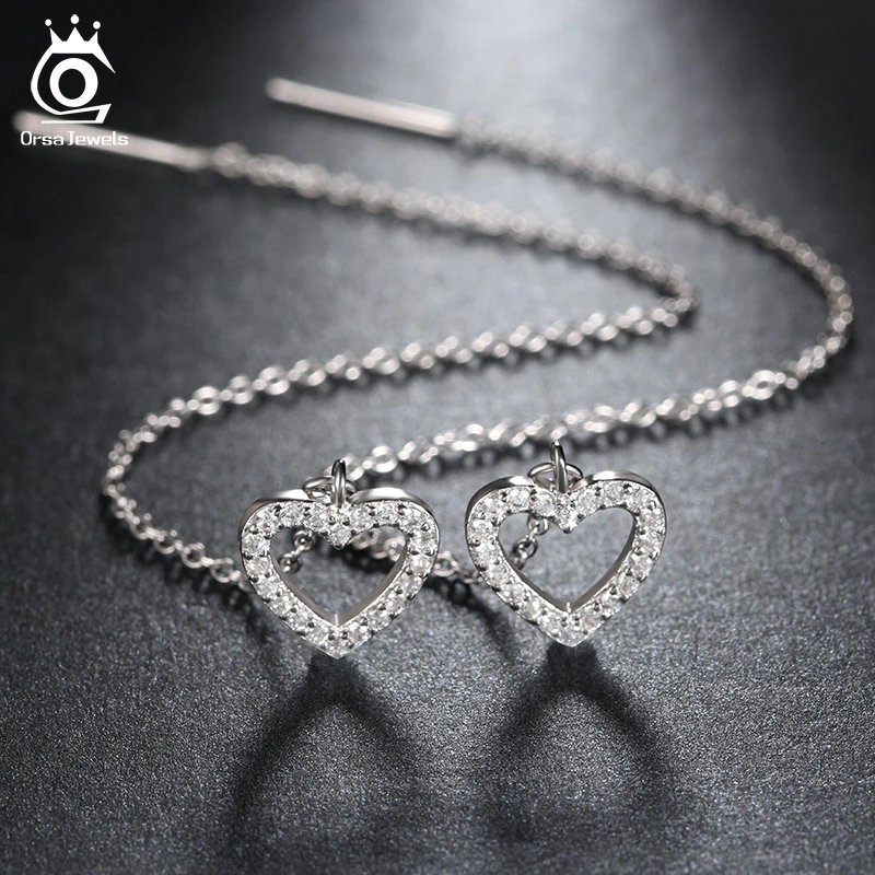 

ORSA JEWELS Romantic Heart Shape Silver Color Stud Earring Pave Micro AAA Austrian Cubic Zirconia for Women Wedding Party OE135